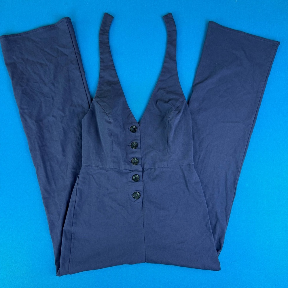 Navy Fitted Flare Button Jumpsuit with V-Neck Halter Chic Urban Outfitters Sz XS